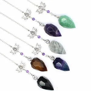 Selection of various conical faceted natural stone pendulums with lotus flower charms