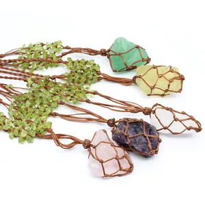 Natural crystal raw stone pendants in hand-woven brown mesh bags with peridot accents