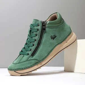 Women's Hand-Stitched Casual Shoes Soft Sole Microfiber Leather Mid-Top Sneakers With Side Zipper For Daily Walking Holiday