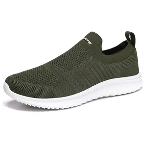 Breathable olive green knit slip-on walking shoe featuring a textured white sports sole