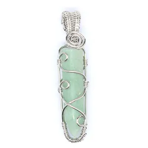 Detailed view of handmade silver wire-wrapped green hexagonal crystal pillar pendant