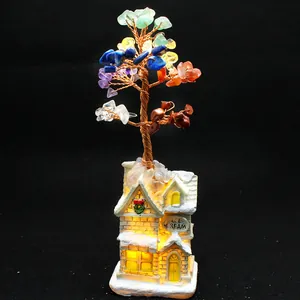 Handmade seven chakra crystal stone money tree on a decorative light-up snow cottage base.