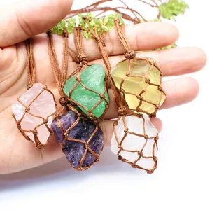 Natural Stone Bohemian Crystal Pendant Necklace Retro Hand Woven Net Bag Raw Mineral Pouch Necklace For Women Men Jewelry