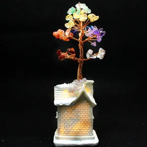 Handmade chakra stone money tree with copper wire on illuminated house base ornament