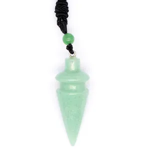 Detailed close-up of a vintage-style green conical crystal pendant on black braided rope