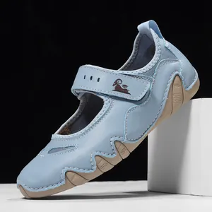 Light blue Mary Jane summer walking shoes with breathable mesh and Velcro strap