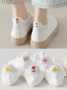 Detailansicht weißer Füßlinge mit niedlichen Stickmotiven an der Ferse wie Tulpen
