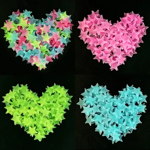 Set of 3D glow in the dark plastic star stickers in pink blue and green heart shapes