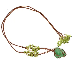 Close-up of green fluorite raw stone necklace with hand-woven cord and olivine chips