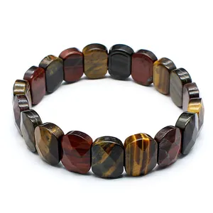 Detailed close-up view of faceted multi-color natural tiger eye stone stretch bracelet