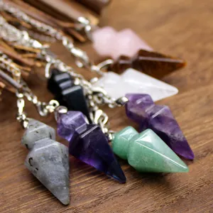 Natural Stone Hexagonal Cone Pendant Necklace Labradorite Amethyst Quartz Healing Crystal Spiritual Energy Jewelry For Women Men