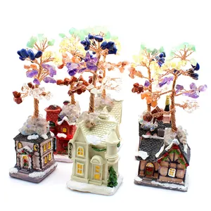 Handmade crystal money trees with natural stones on miniature house bases