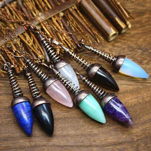 Crystal Light Bulb Dowsing Pendulum Pendant Necklace Vintage Alloy Spiral Wrap Natural Stone Divination Jewelry For Women