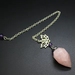 High-quality detail of natural rose quartz faceted pendulum with silver lotus charm