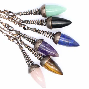Six colorful crystal bullet pendulum pendants with antique bronze spring cone settings
