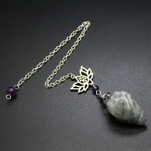 Natural stone faceted conical crystal dowsing pendulum with silver lotus charm