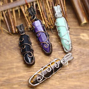 Natural Stone Hexagonal Crystal Column Wire Wrapped Pendant For Women Bohemian Vintage Quartz Amethyst Tiger Eye Pendant Jewelry