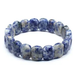 Detailed close-up view of a natural blue and white stone faceted bead bracelet jewelry