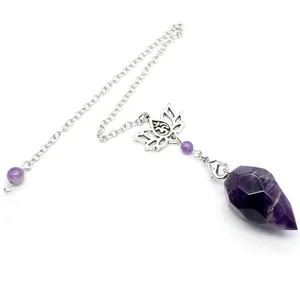 Close-up detail of faceted purple amethyst stone pendulum with silver lotus charm