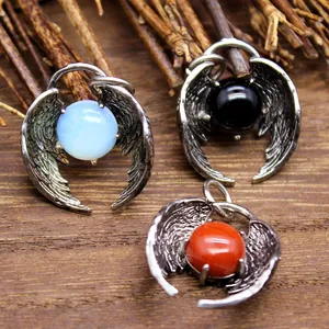 Vintage Angel Wings Natural Crystal Stone Pendant For Women Alloy Retro Feather Jewelry Charm For DIY Necklace Making
