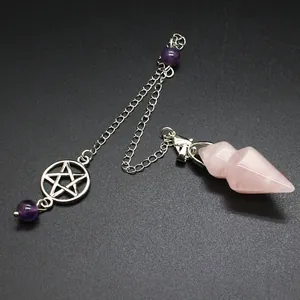 Detail view of natural rose quartz hexagonal cone pendulum with pentagram charm chain