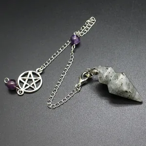 Detailed view of labradorite hexagonal cone pendulum with amethyst beads and pentagram