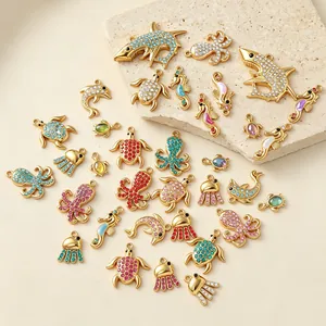 Assorted gold-plated sea animal pendants with colorful zirconia for DIY jewelry making