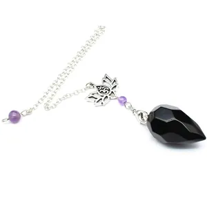 Faceted black stone conical crystal pendulum featuring silver lotus charm and purple beads