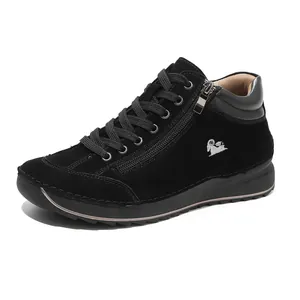 Minimalist black suede casual shoes for women with side zipper and manual stitching A806