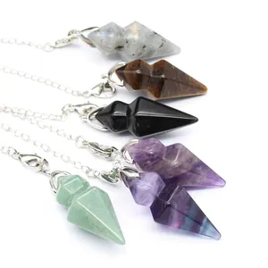 Assorted natural crystal hexagonal cone dowsing pendulums featuring silver metal chains