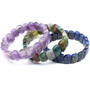 Detailed view of faceted natural stone bracelets in amethyst and lapis lazuli