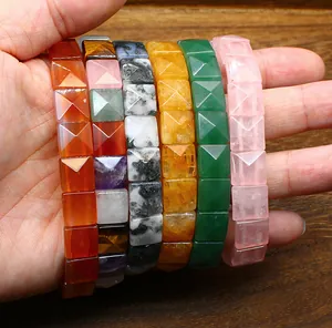Natural Stone Square Faceted Crystal Bead Bracelet Minimalist Unisex Quartz Hematite Handmade Geometric Jewelry For Men Women Gift