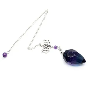 Macro detail of faceted fluorite crystal pendulum featuring a silver lotus charm and chain
