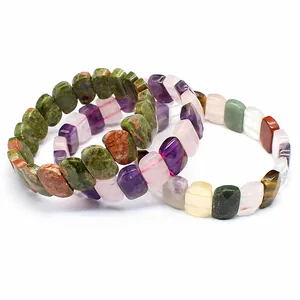 Detailed view of faceted natural crystal bracelets with tiger eye and agate stones.
