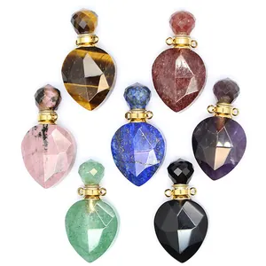 Close-up of faceted natural stone perfume bottle pendants in various crystal types.