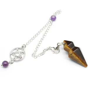 Hexagonal tiger's eye dowsing pendulum with pentagram charm and amethyst beads