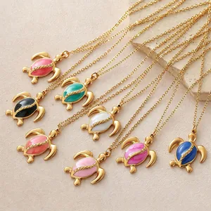 Stainless Steel Gold Plated Colorful Enamel Sea Turtle Pendant Necklace Summer Ocean Beach Clavicle Chain Jewelry For Women