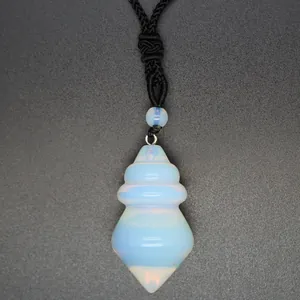 Close-up of a translucent opalite conical gemstone pendant with a black braided cord