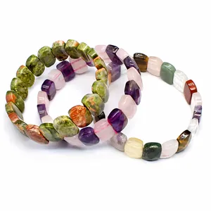 Detailed view of faceted natural crystal bead bracelets in tiger eye and agate