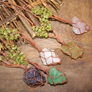 Handmade bohemian natural crystal stone necklaces with detailed brown macramé mesh