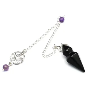 Macro detail of the black obsidian hexagonal cone pendulum with amethyst beads