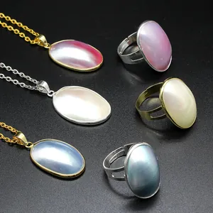 Handmade Natural Sea Mabe Pearl Jewelry Set for Women Oval Shell Pendant Necklace and Adjustable Open Ring Elegant Jewelry