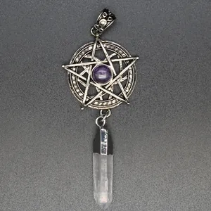 Colgante de pentagrama vintage con piedra púrpura y punta de cristal de cuarzo