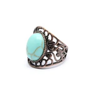 Close-up of vintage hollow ring with oval turquoise stone and antique copper finish