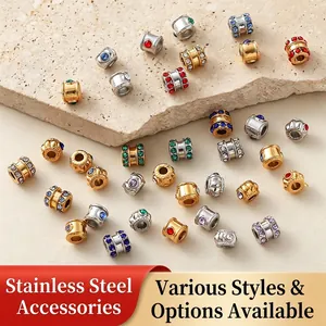 Stainless Steel Zirconia Inlaid Large Hole Beads DIY Necklace Bracelet Jewelry Beading Spacers Findings For Women Handcraft