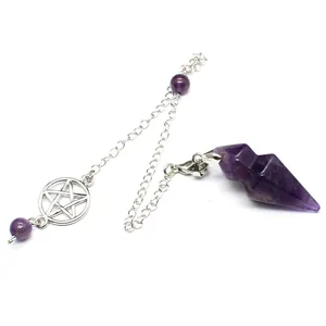 Close-up of the purple crystal hexagonal cone pendulum with silver chain and pentagram