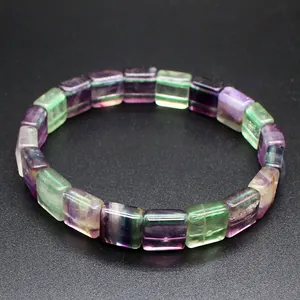 Close-up view of square faceted natural fluorite stone beads on a stretch bracelet.