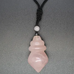 Handcrafted pink rose quartz conical pendant necklace with adjustable black braided rope