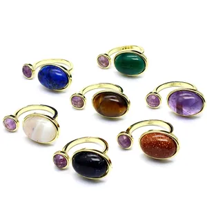 Collection de bagues vintage dorées avec oeil de tigre et pierres naturelles