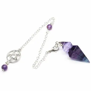 Detailed view of natural fluorite crystal pendulum with pentagram charm and silver chain